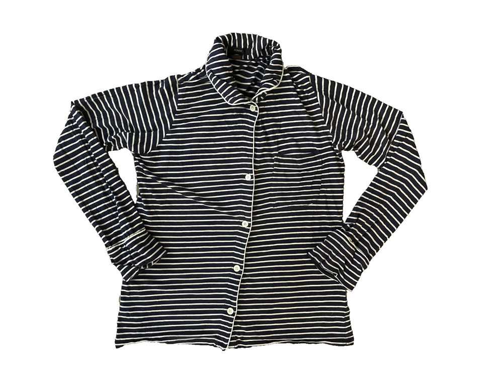 Women's J Crew Size XS Navy Blue White Striped Pajama Long Sleeve Top Button Up